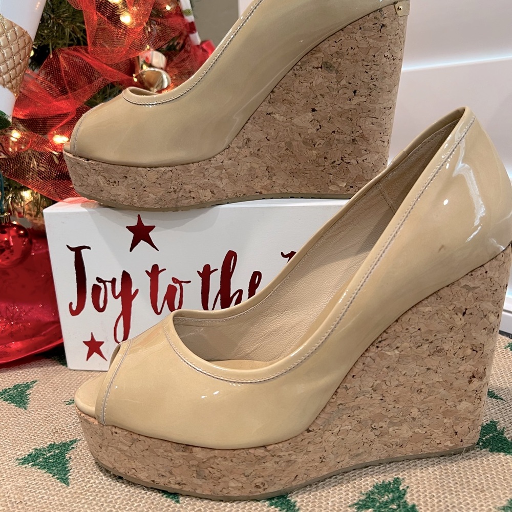 Jimmy Choo beige patent leather cork wedge heels 10